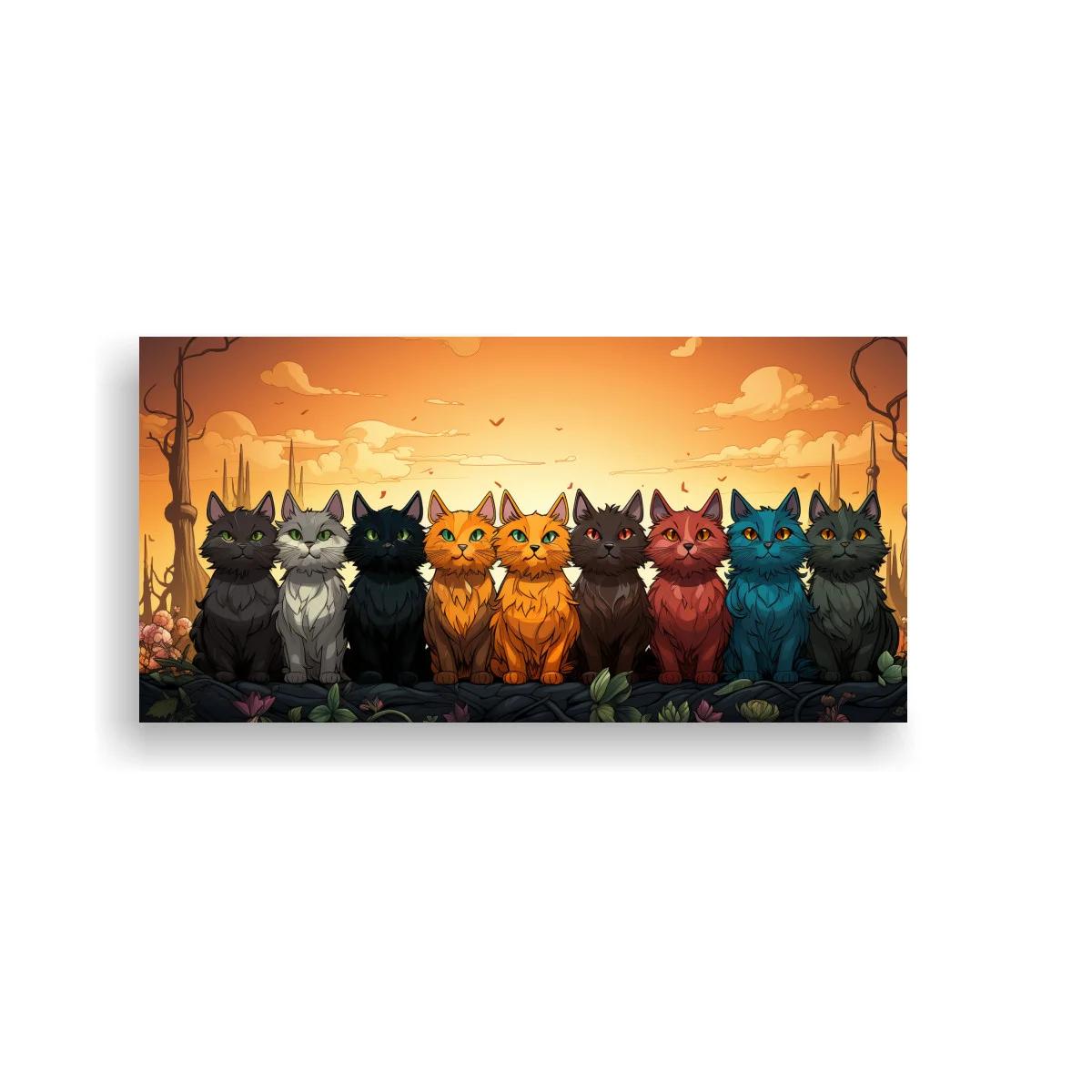 Cuadro fila de gatos de colores con ciudad fantástica al atardecer