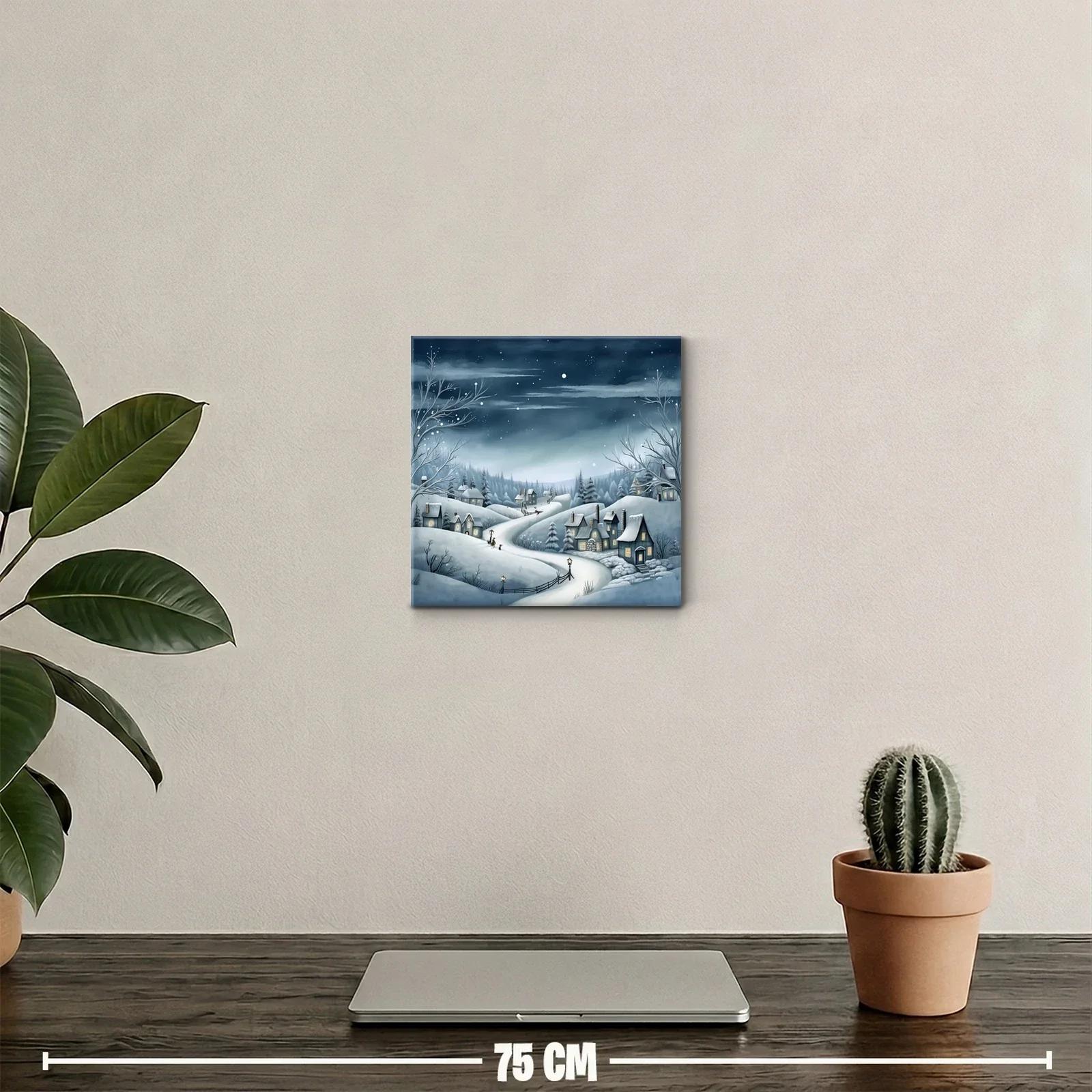 Paisaje invernal con casas y cielo estrellado nocturno — miniatura 2