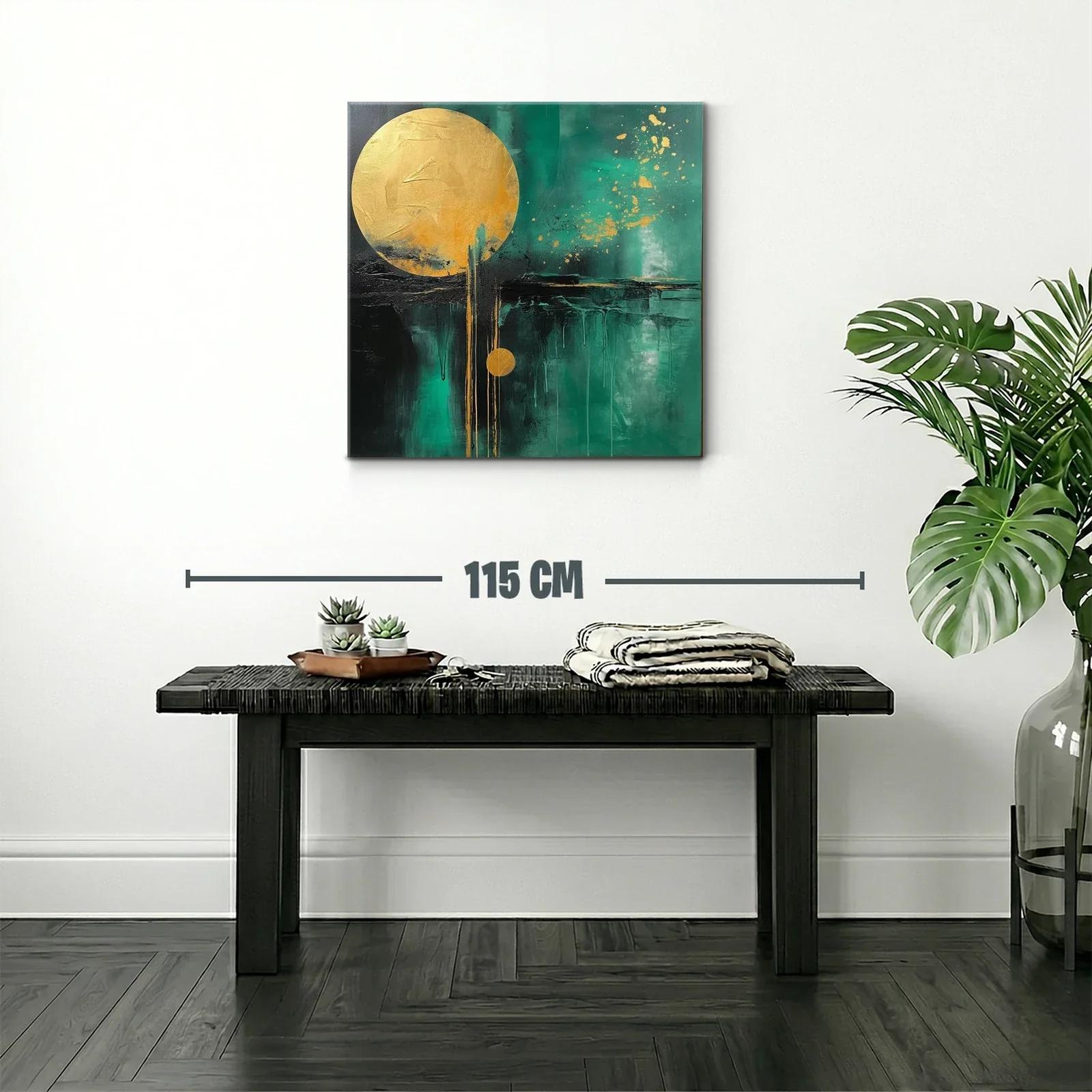Cuadro abstracto con círculos dorados y fondo verde intenso — miniatura 2
