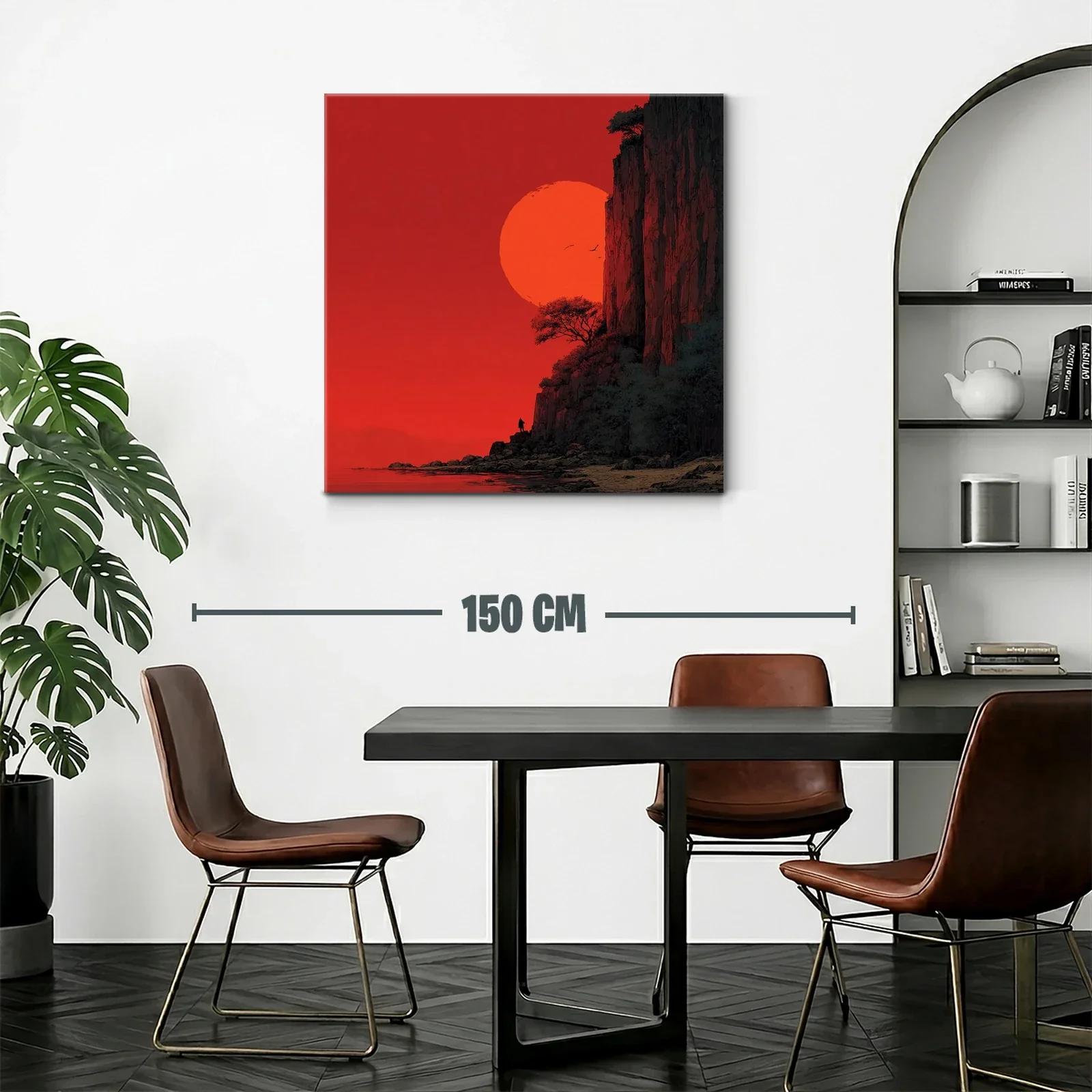 Paisaje dramático con sol rojo y acantilados rocosos — miniatura 2