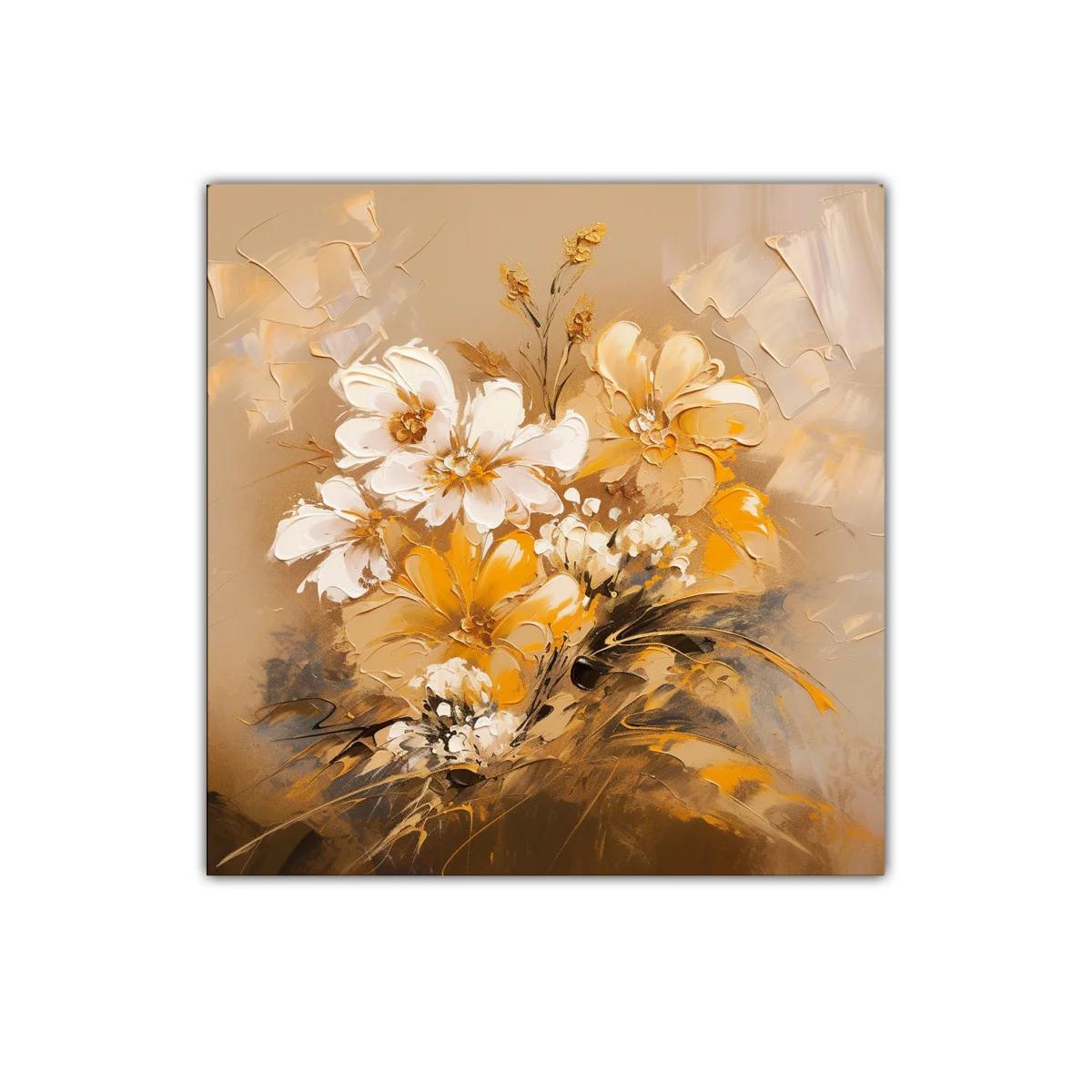 Cuadro floral en tonos cálidos y amarillos dorados