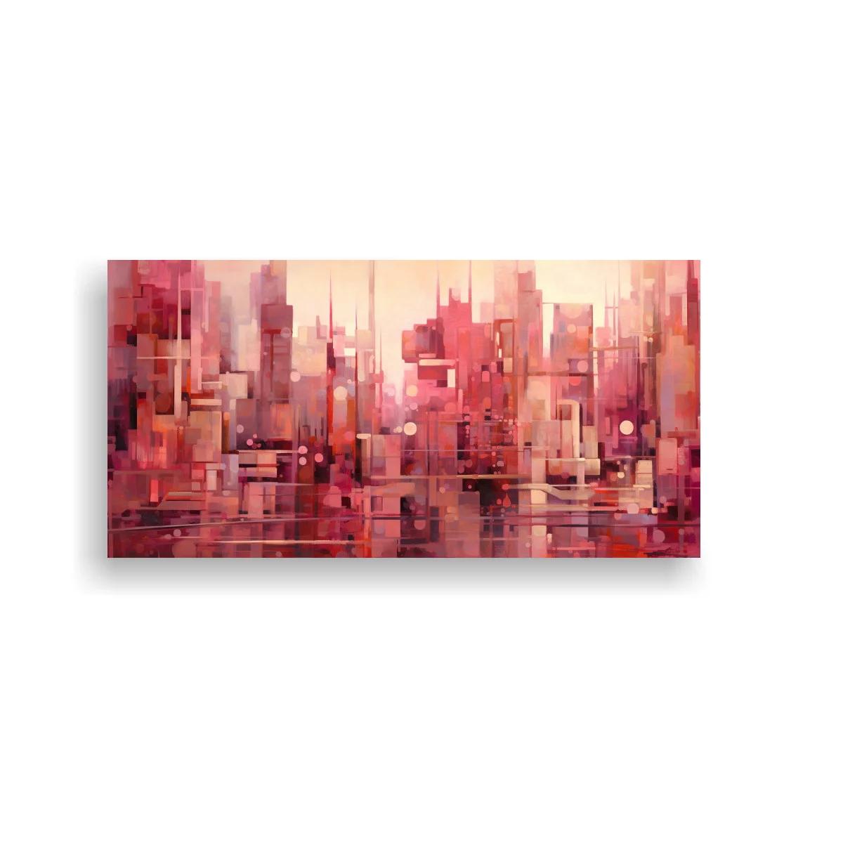 Cuadro skyline urbano abstracto en tonos granate y rosa