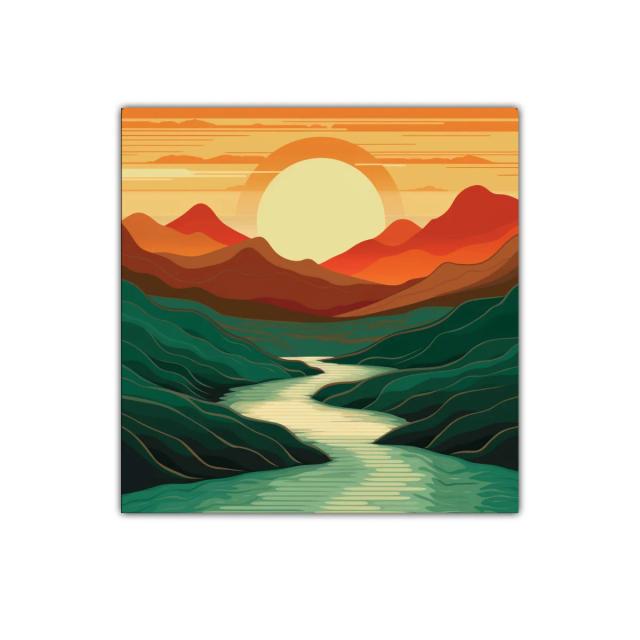 Paisaje con río serpenteante y sol poniente cálido