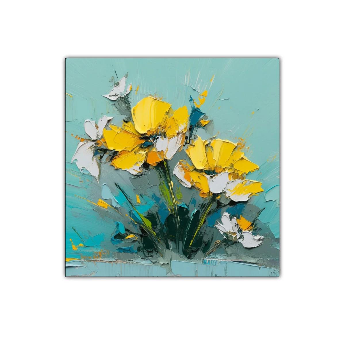 Cuadro floral con vibrantes pétalos amarillos y fondo turquesa