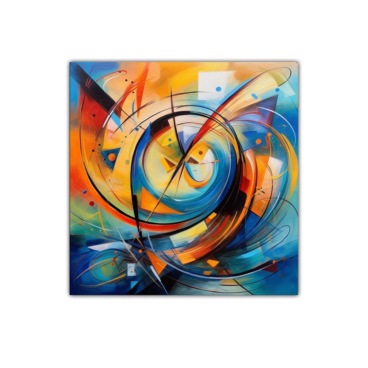 Cuadro abstracto en espirales con tonos cálidos y fríos