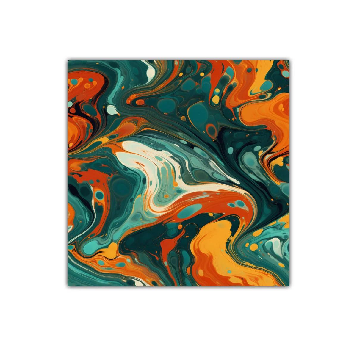 Cuadro abstracto con paleta vibrante en tonos verdes y naranjas