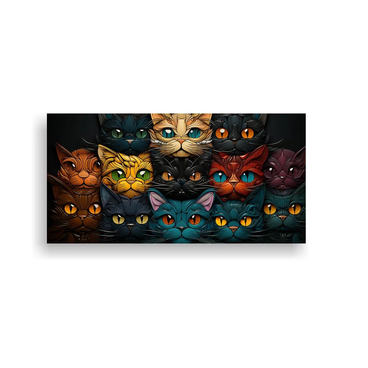 Cuadro grupo de gatos de ojos grandes en tonos vibrantes