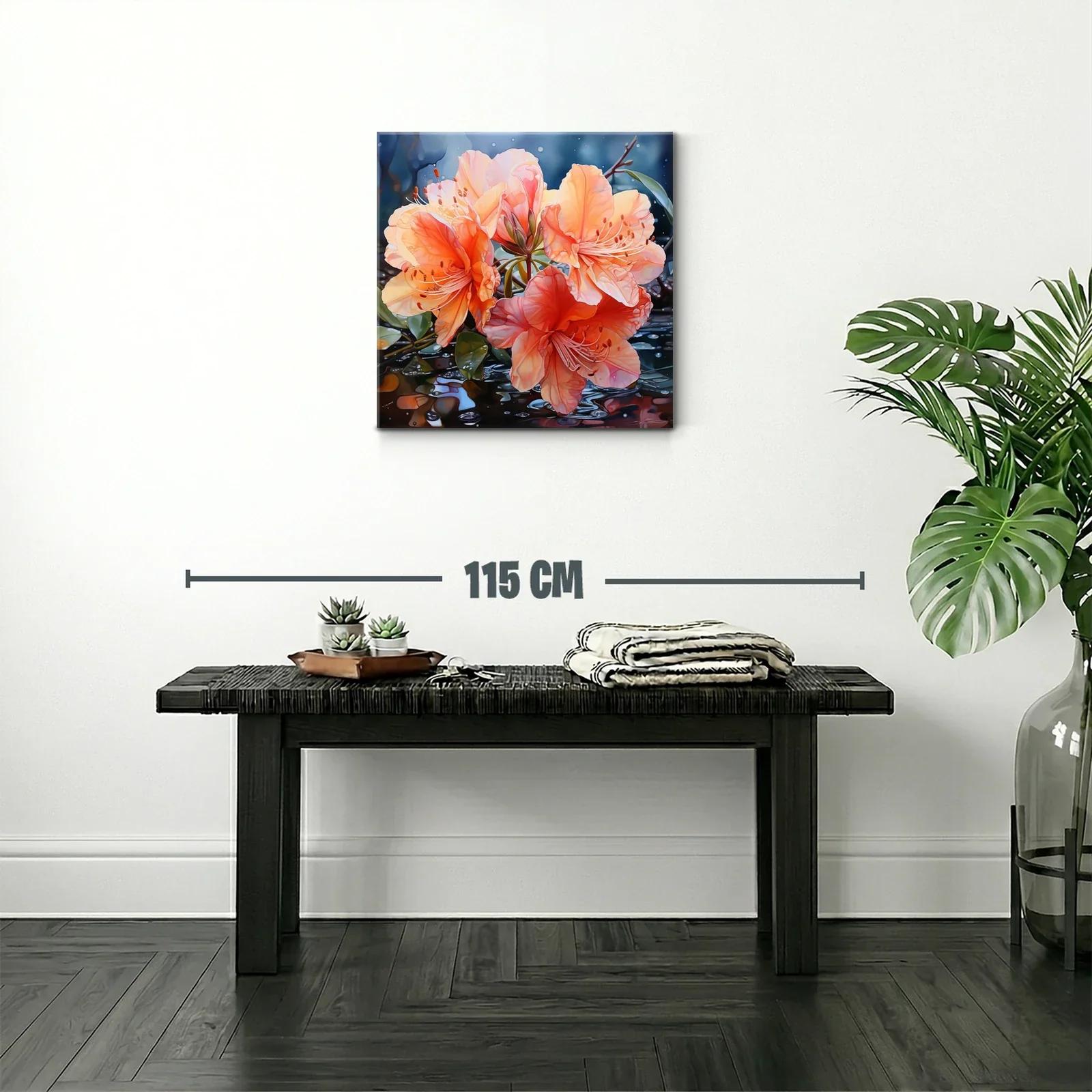 Cuadro vibrante con flores naranjas y reflejos acuáticos — miniatura 2