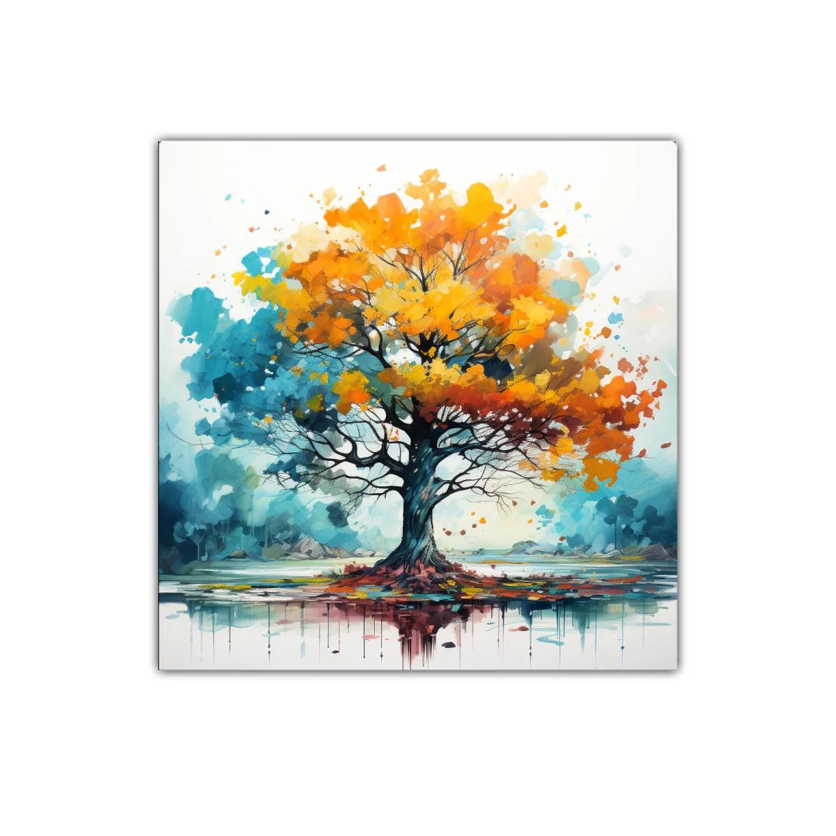 Árbol vibrante con hojas otoñales y reflejo en agua — imagen principal