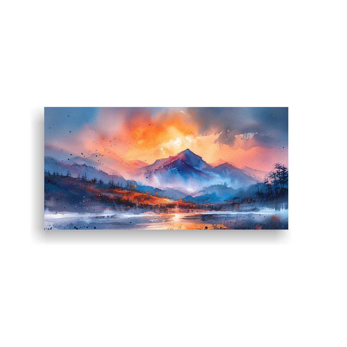 Cuadro paisaje de montaña al atardecer con reflejo en el agua