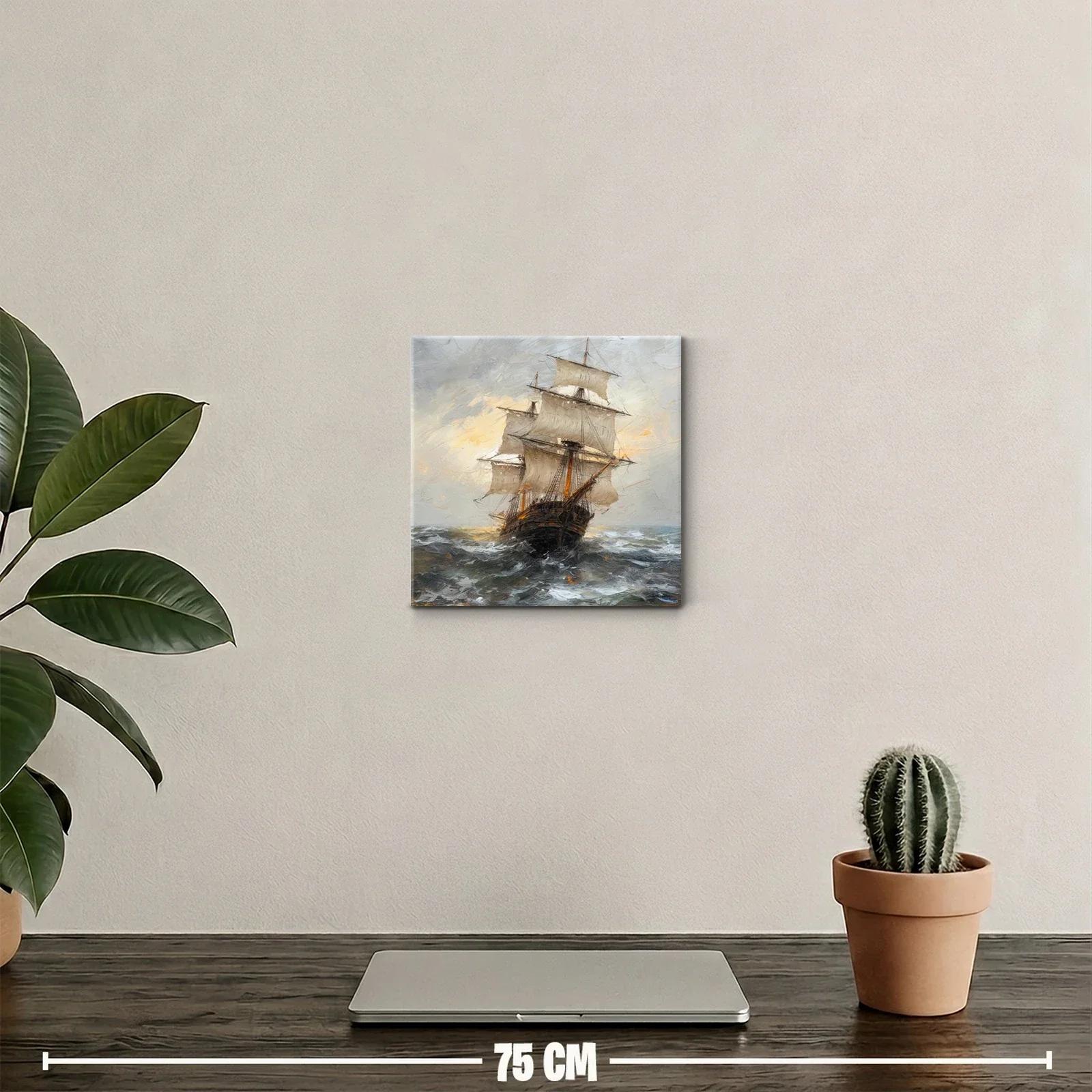 Barco clásico navegando en mar agitado al atardecer — miniatura 2