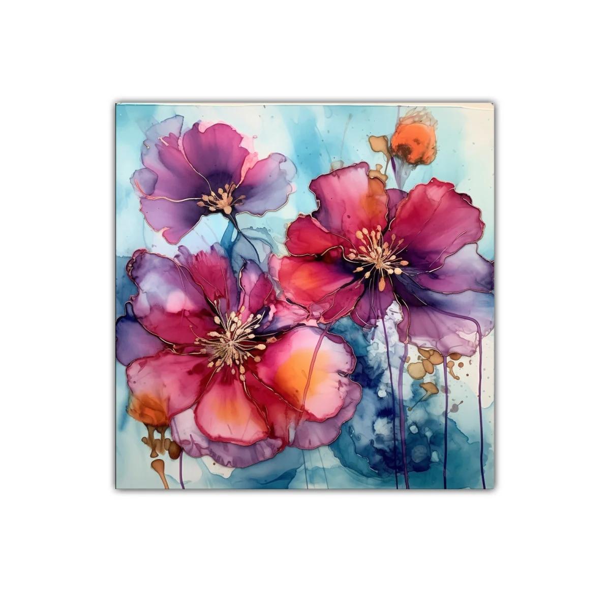 Cuadro decorativo flores vibrantes con tonos morados y rojos