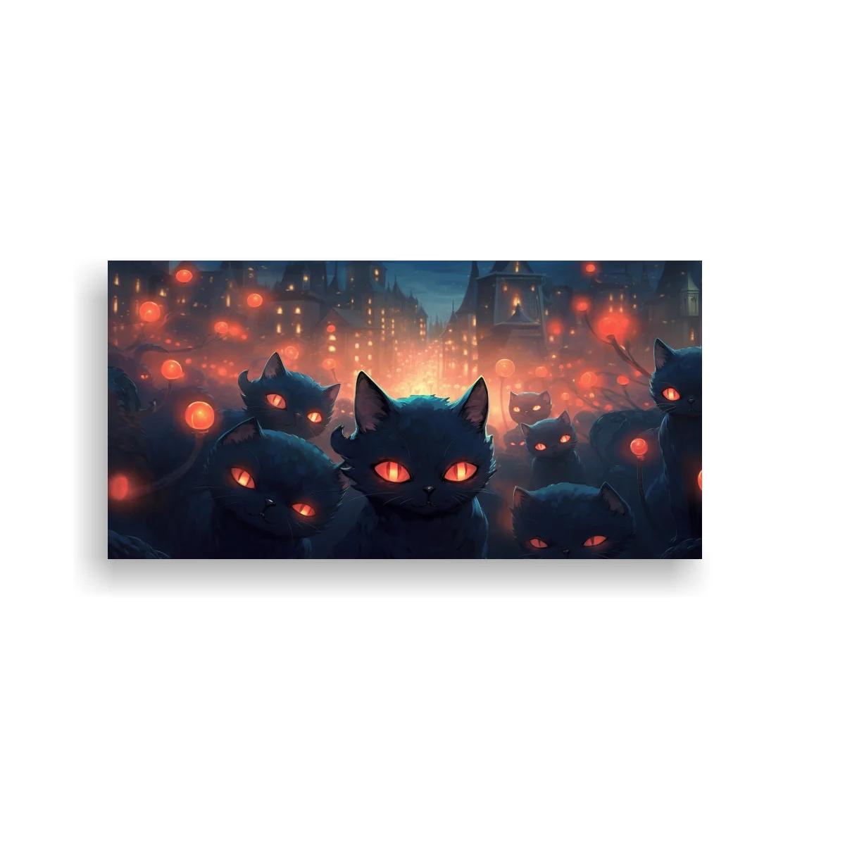 Cuadro gatos negros de ojos brillantes con luces nocturnas