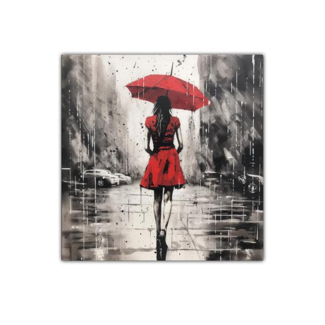 Mujer con paraguas rojo en día lluvioso urbano