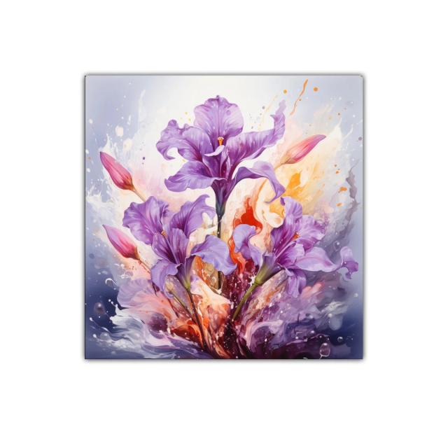 Cuadro decorativo con iris morados y fondo vibrante