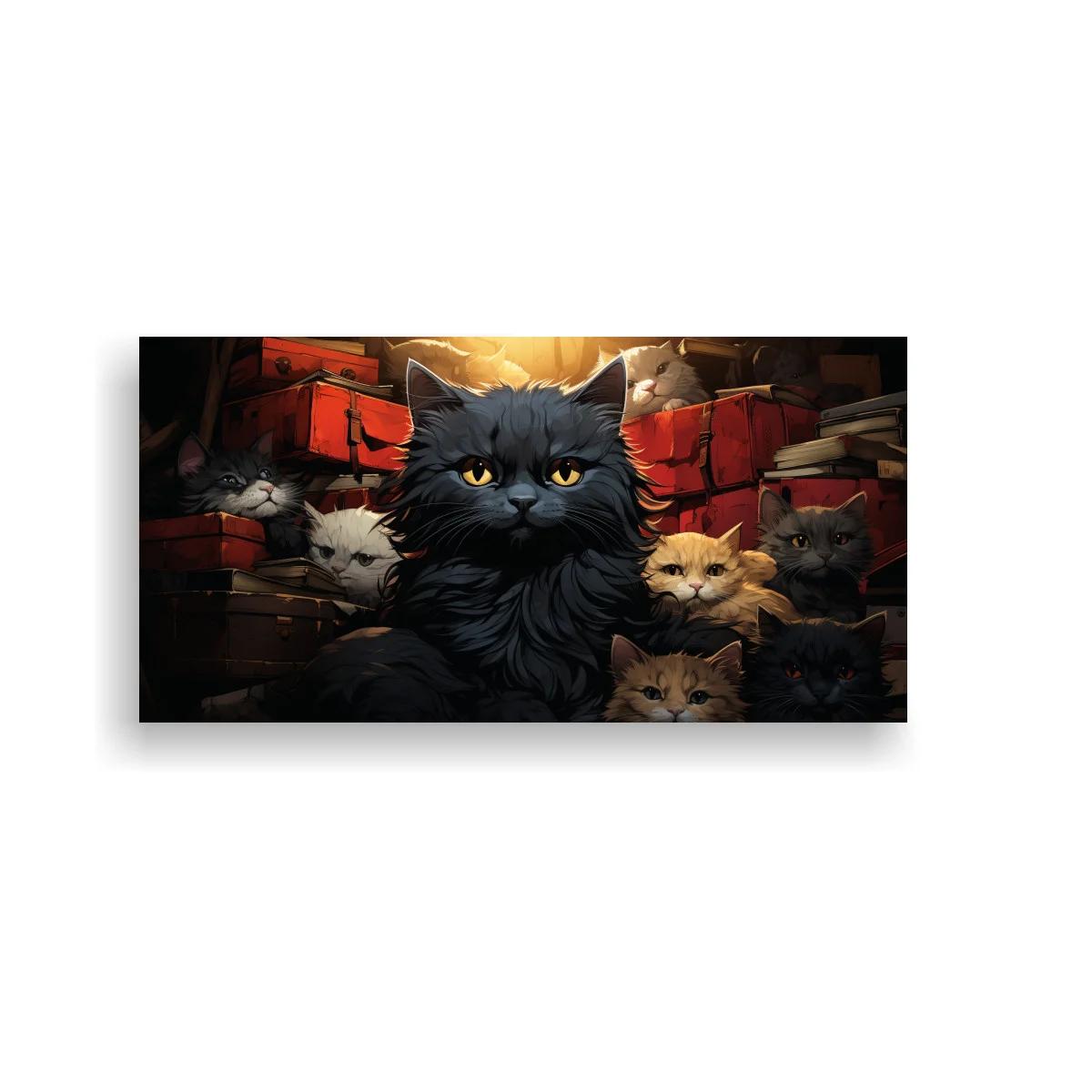 Cuadro gato negro de pelo largo entre cajas rojas