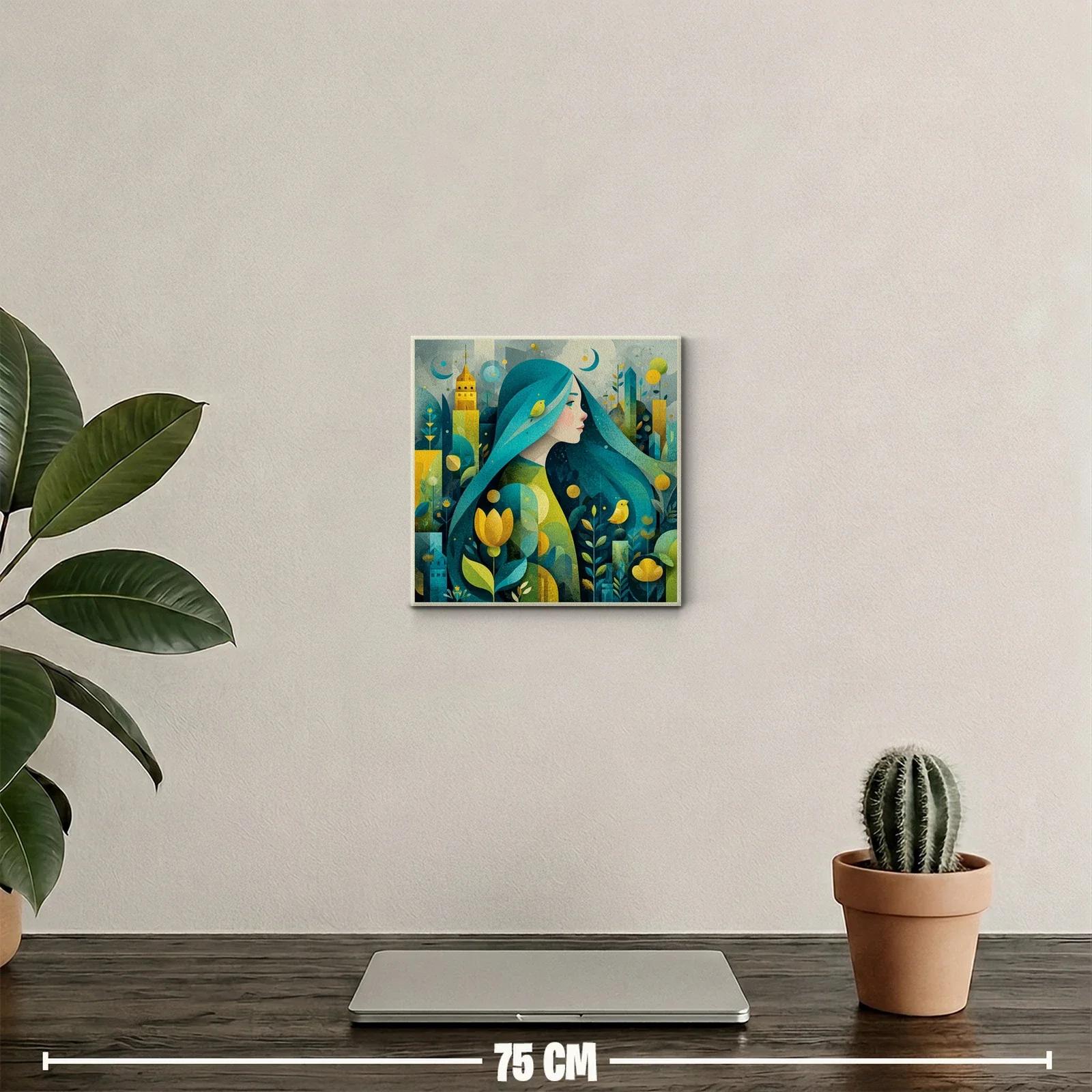Retrato femenino en paisaje onírico con tonos verdes y amarillos — miniatura 2
