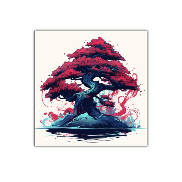 Árbol bonsái vibrante con follaje rojo intenso y base azul