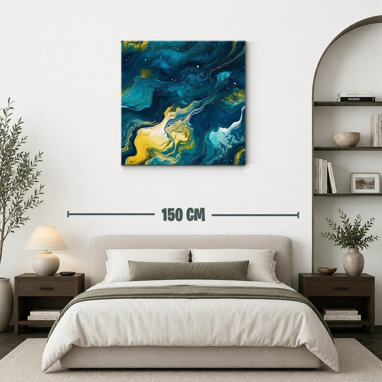 Cuadro abstracto de ondas fluidas en azul y amarillo — miniatura 3
