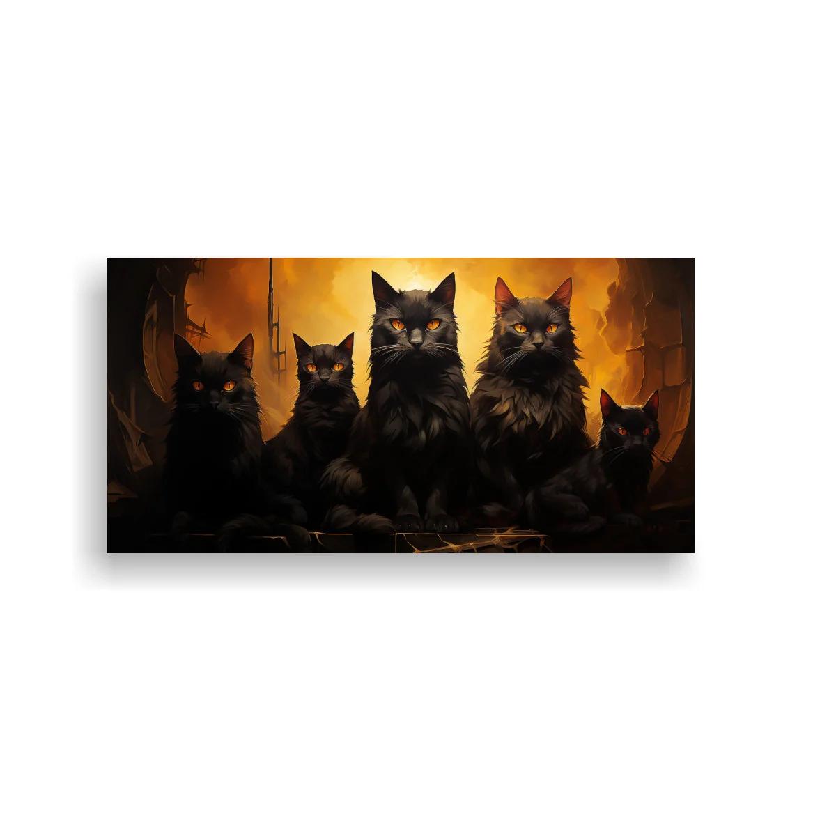 Cuadro grupo de gatos negros de pelo largo con contraluz cálido