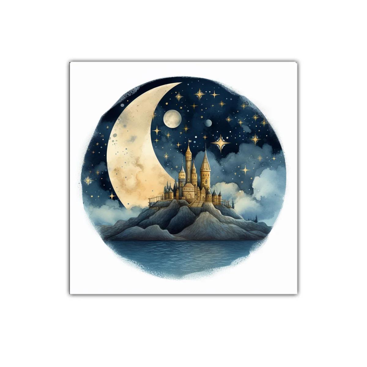 Castillo encantado bajo la luna y estrellas doradas