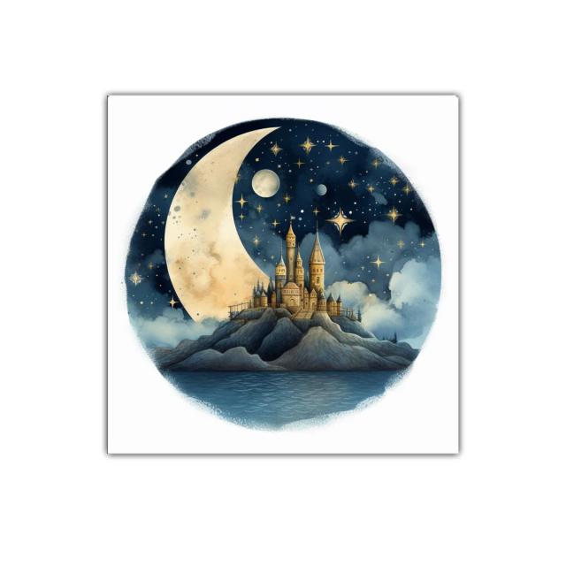 Castillo encantado bajo la luna y estrellas doradas
