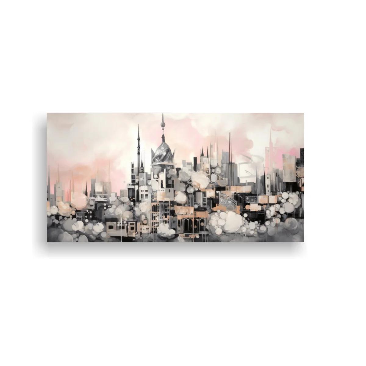 Cuadro skyline urbano con niebla y efecto bokeh