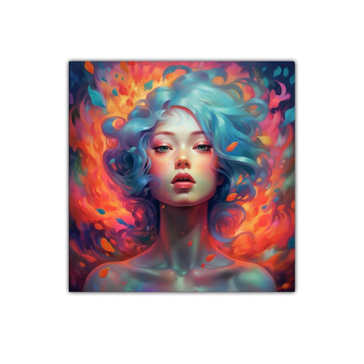 Retrato femenino con cabello azul y llamas vibrantes — miniatura 1