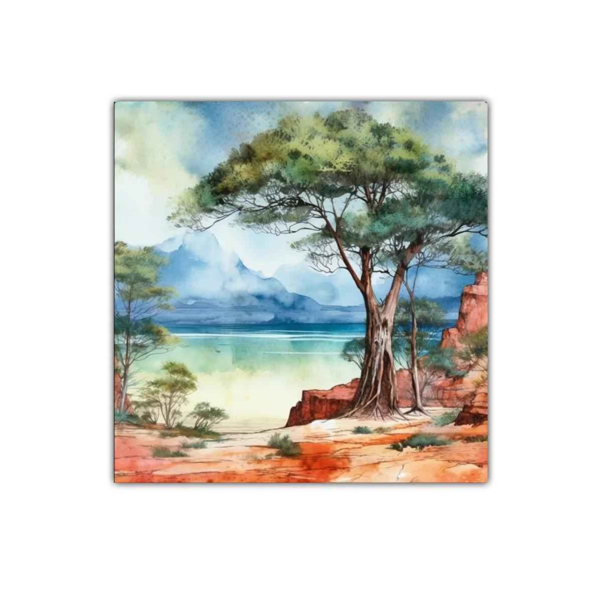 Paisaje natural con árbol y costa azul en tonos cálidos — imagen principal