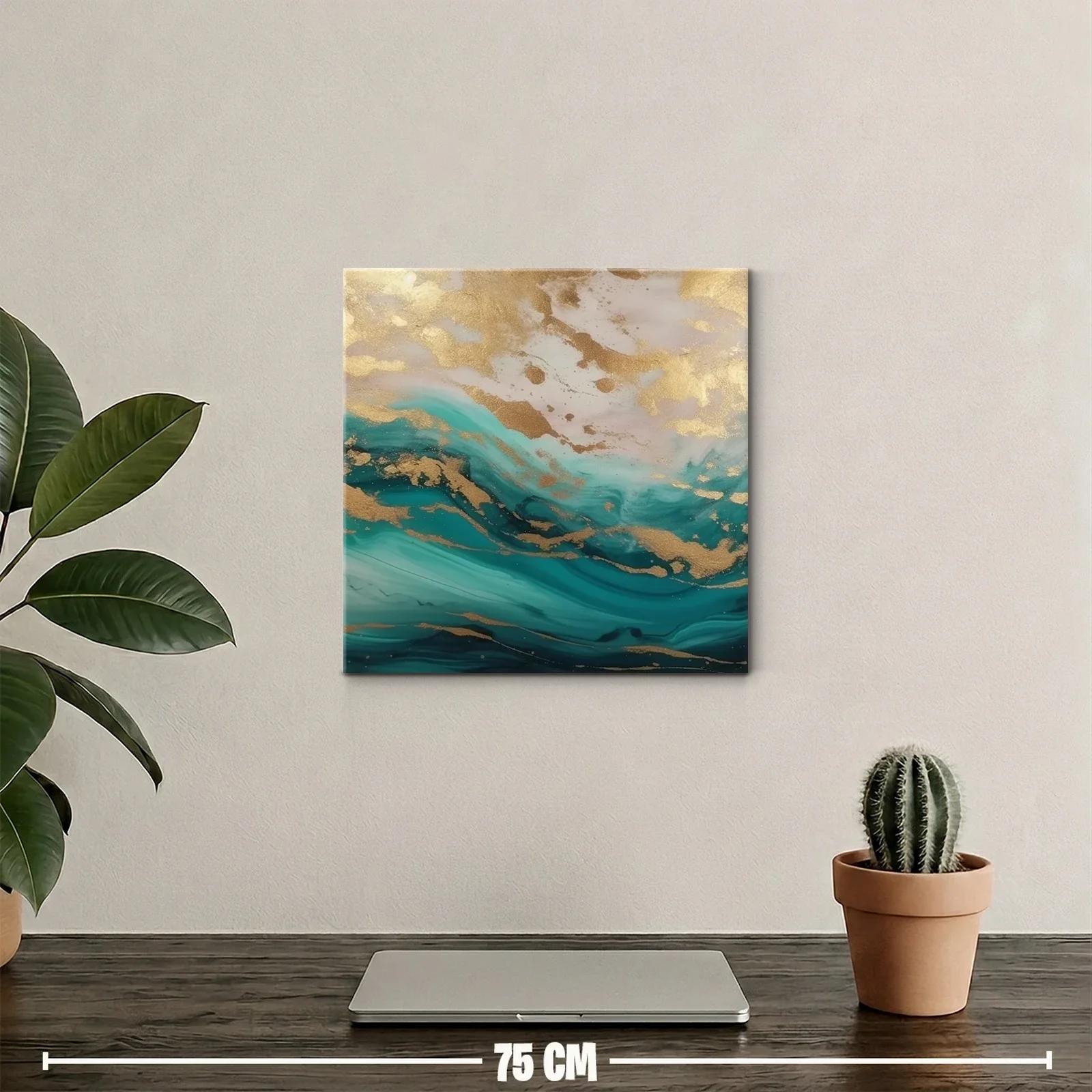 Cuadro abstracto con efecto dorado y tonos turquesa y azul — miniatura 2
