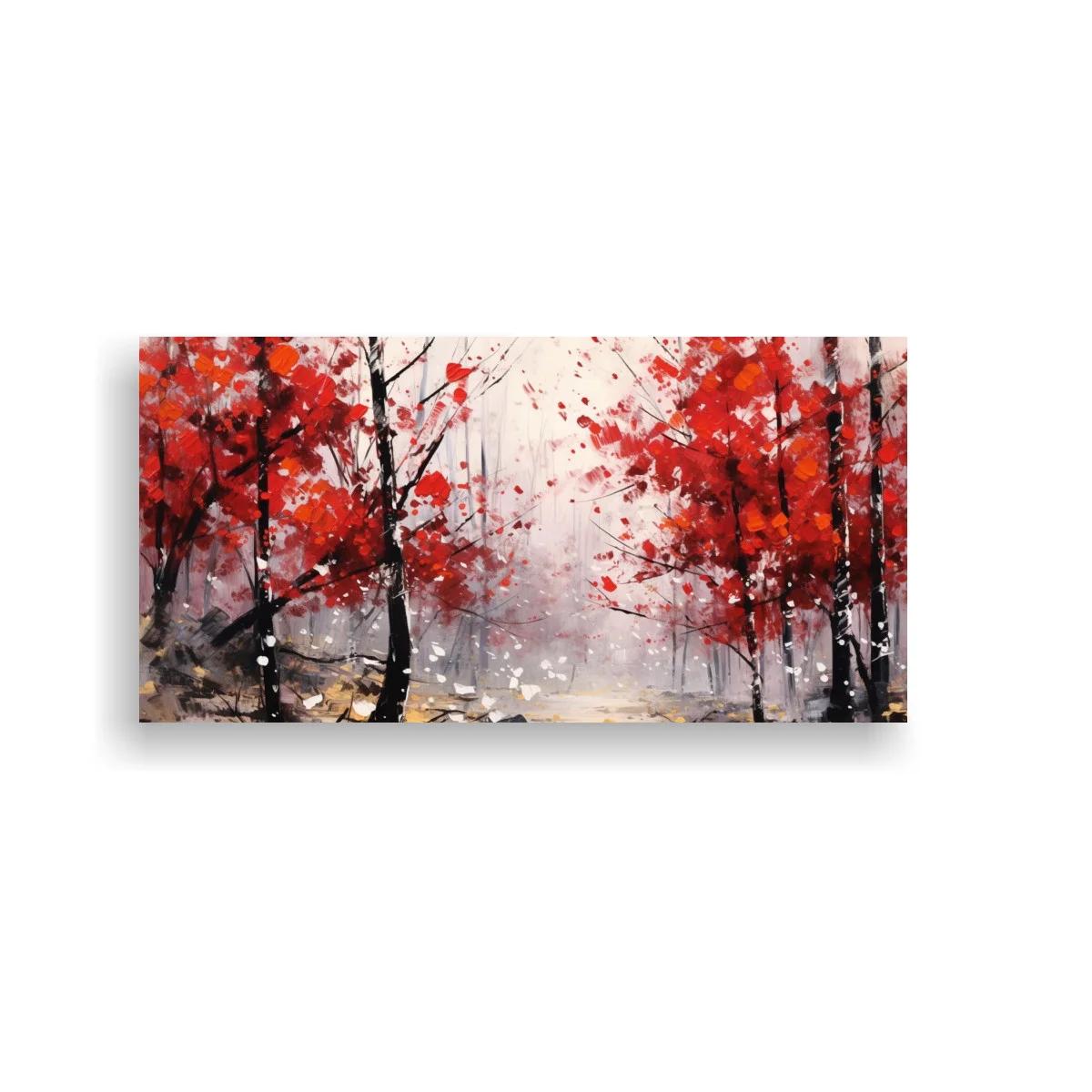Cuadro bosque de árboles rojos con fondo brumoso