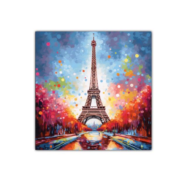 Cuadro colorido con Torre Eiffel en paisaje vibrante