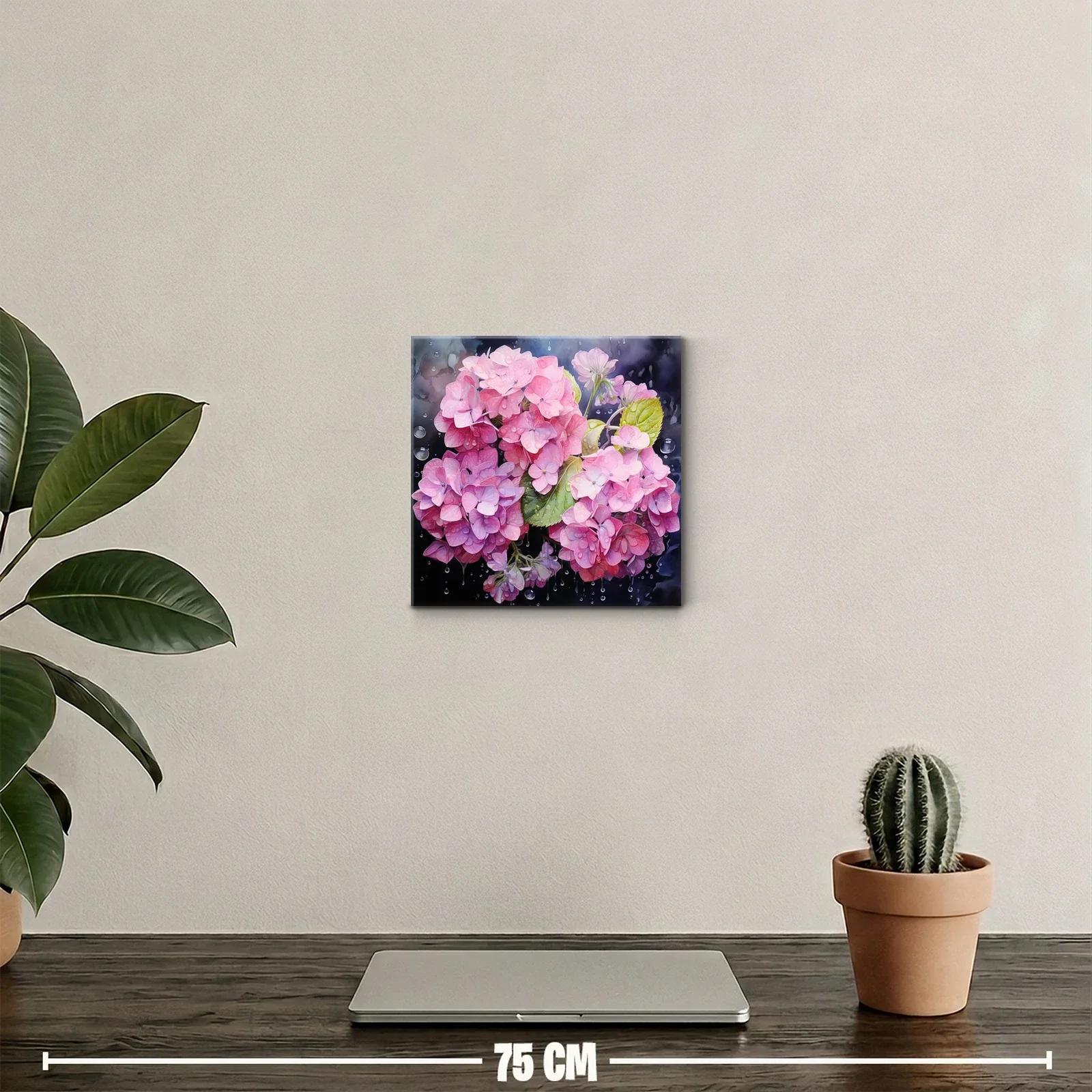 Cuadro decorativo con delicadas hortensias rosas y gotas de agua — miniatura 2