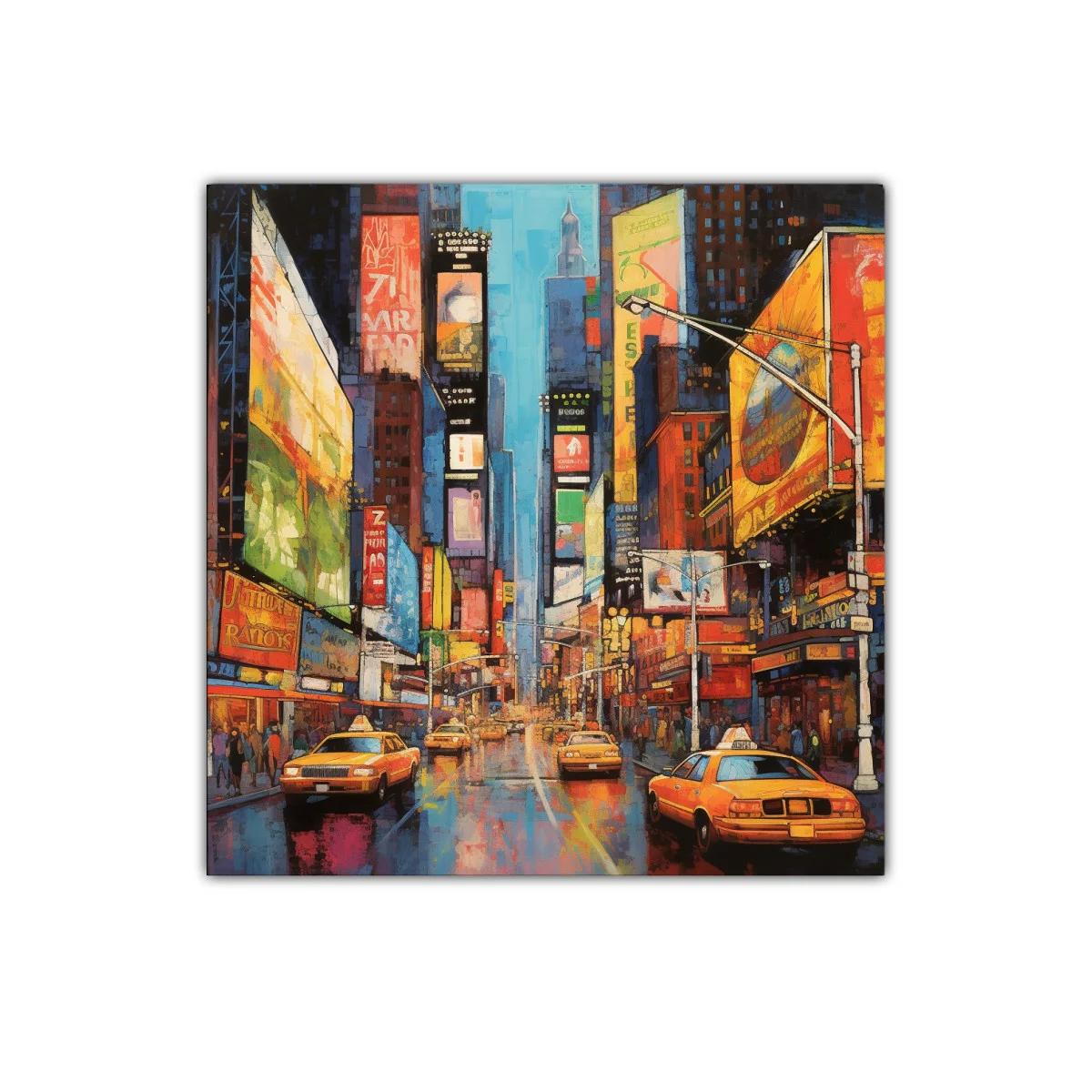 Ciudad vibrante con taxis y luces de neón al anochecer — imagen principal