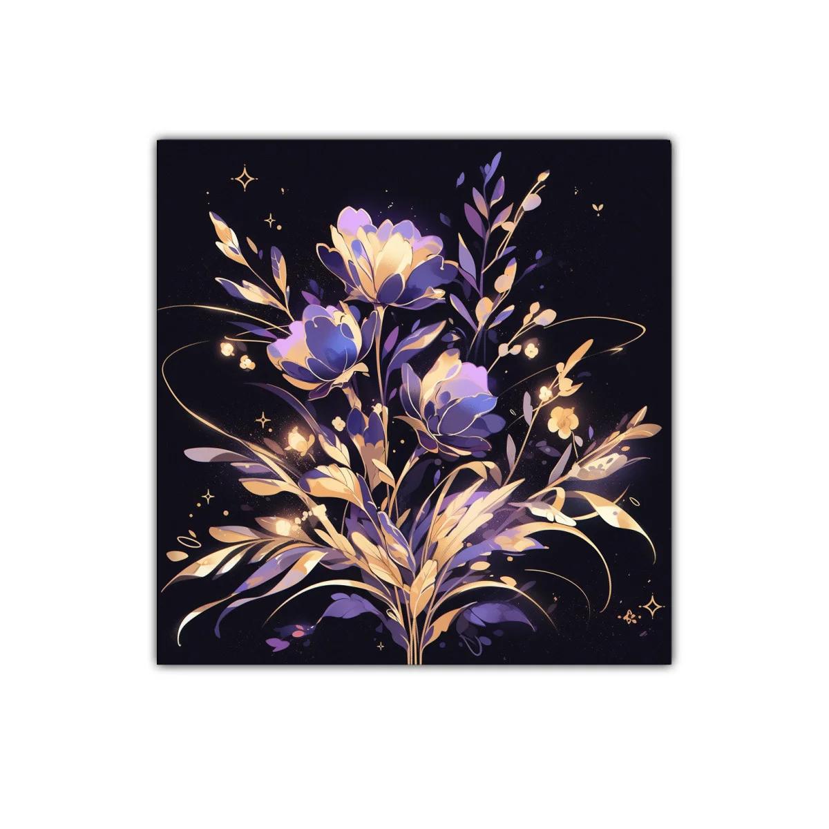 Flores místicas en tonos dorados y violetas para tu espacio
