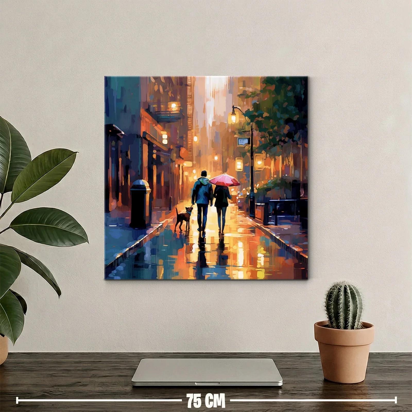 Paseo urbano al atardecer con perro y paraguas rojo — miniatura 2