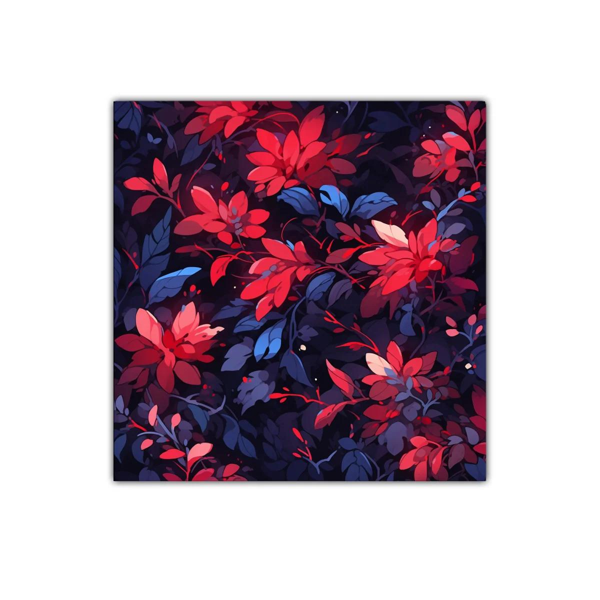 Cuadro floral vibrante en tonos rojos y azul oscuro