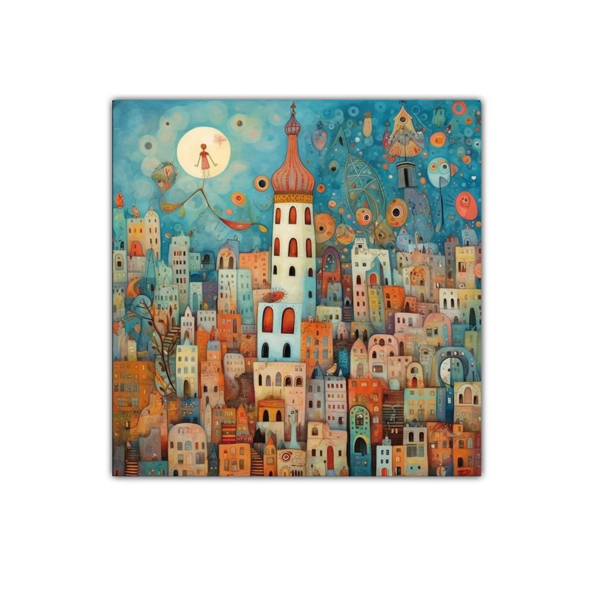 Ciudad encantada con torre y cielo onírico azul — imagen principal