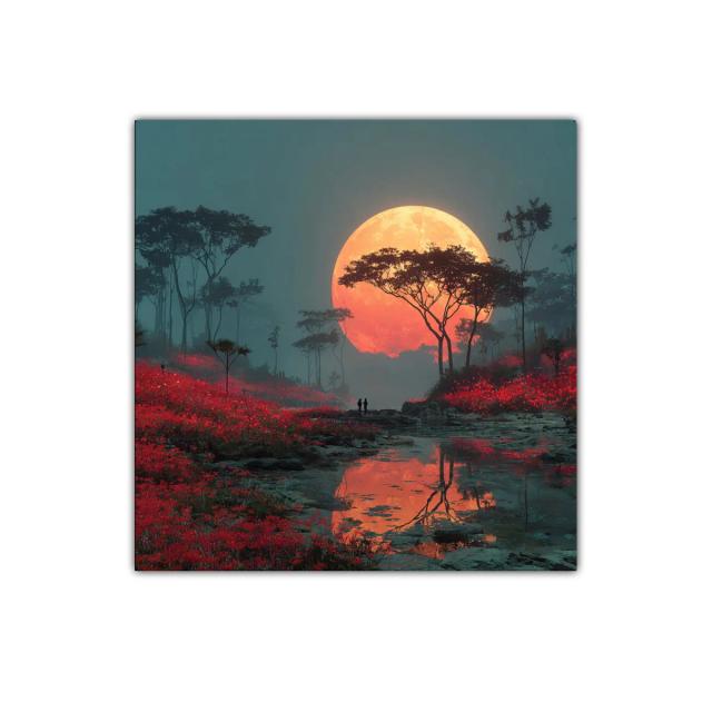 Paisaje nocturno con luna llena y campo rojo vibrante