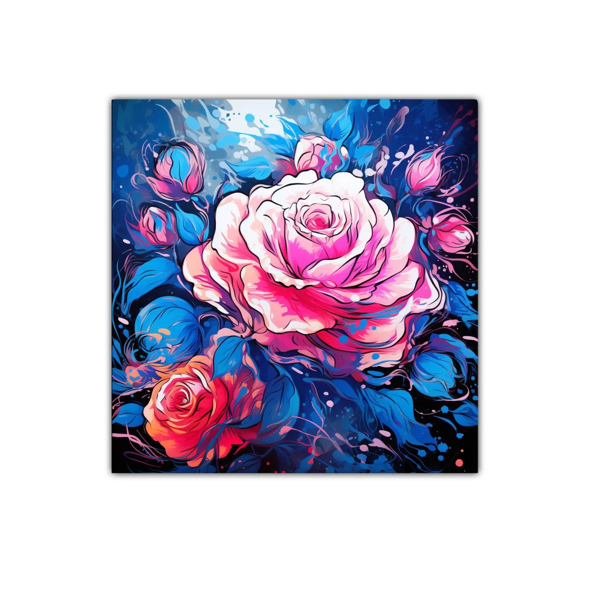 Rosas vibrantes con contrastes de azul intenso y rosa