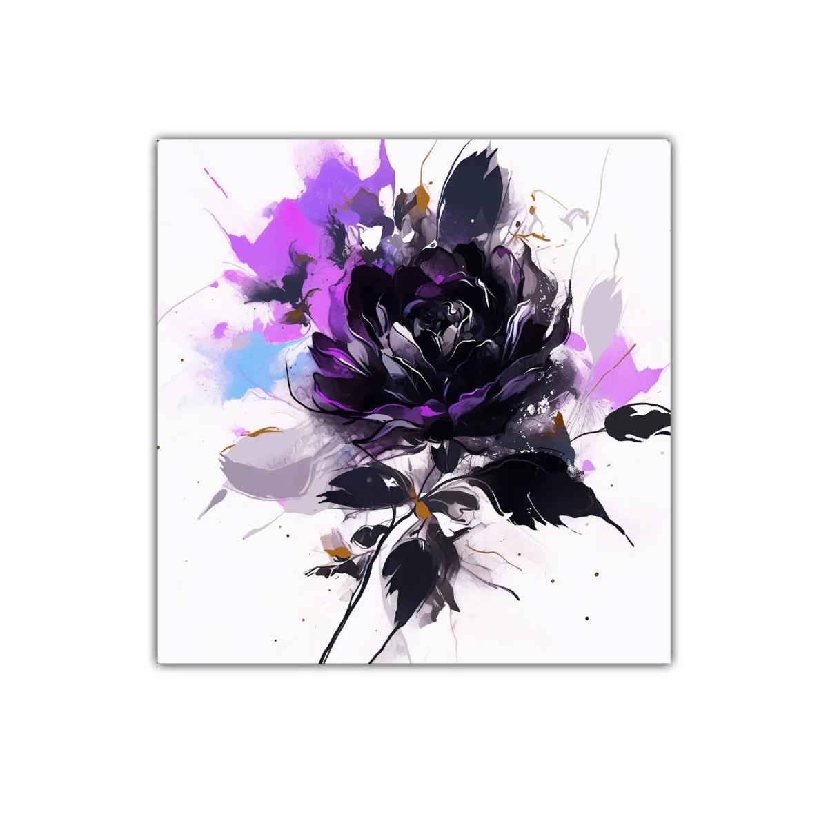 Cuadro floral con rosa en tonos morados y negros vibrantes