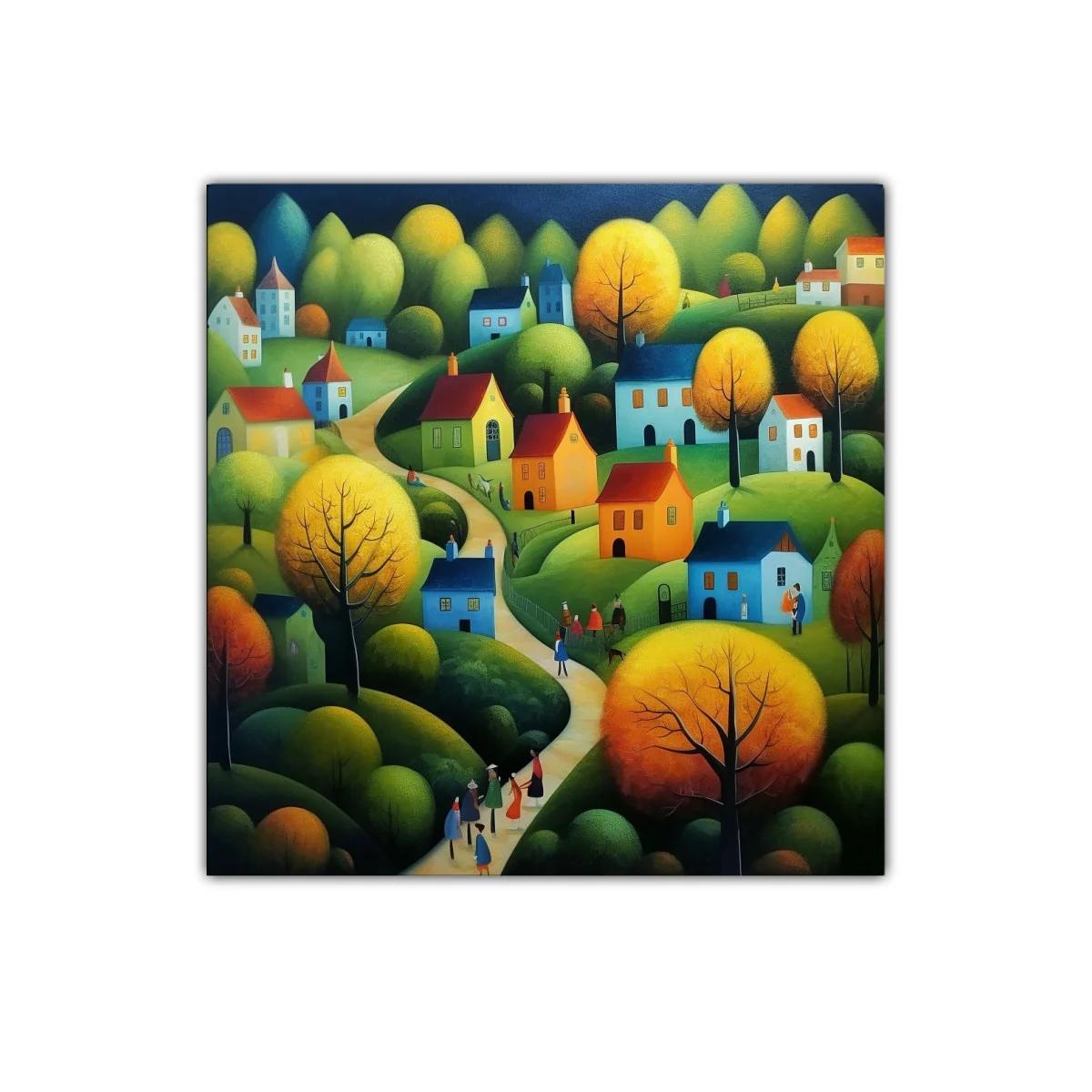 Paisaje de pueblo con tonos cálidos y verdes vibrantes — imagen principal