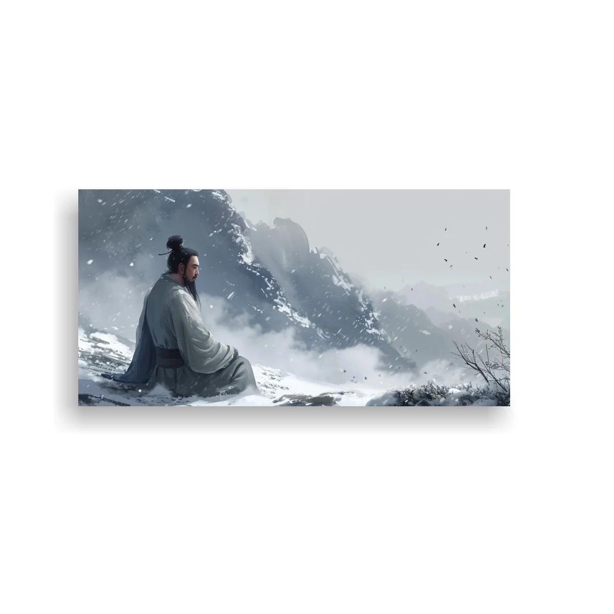 Cuadro samurái sentado sobre nieve y bruma