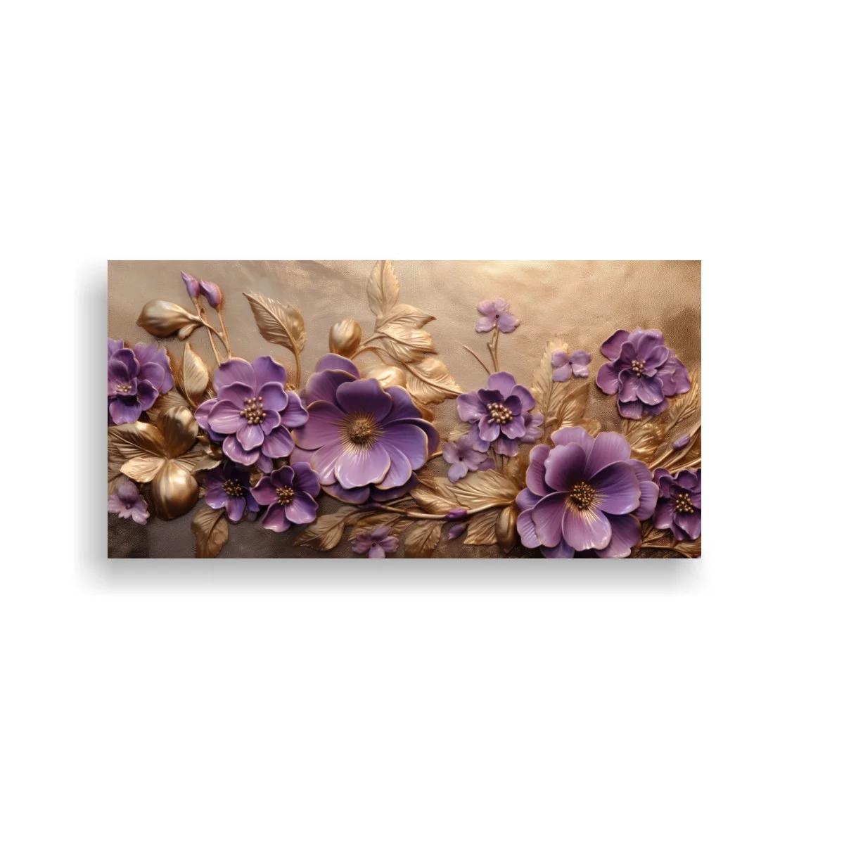 Cuadro flores moradas con hojas doradas