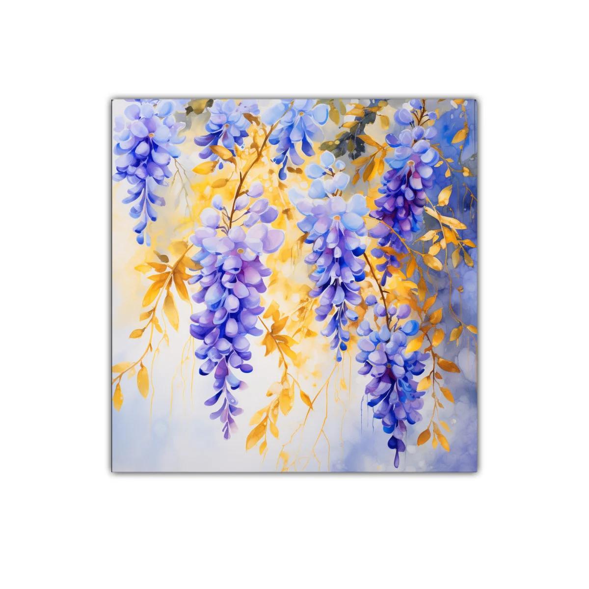Cuadro decorativo con flores en tonos lavanda y dorado
