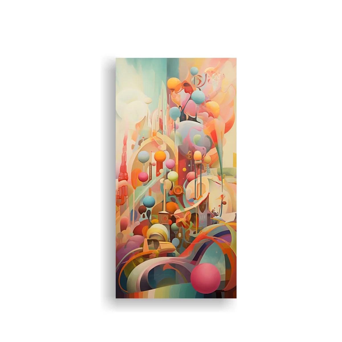 Cuadro paisaje urbano abstracto con globos y cintas curvas