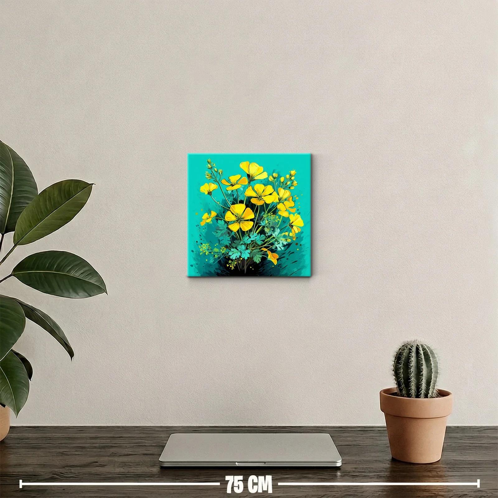 Cuadro decorativo flores amarillas sobre fondo turquesa vibrante — miniatura 2