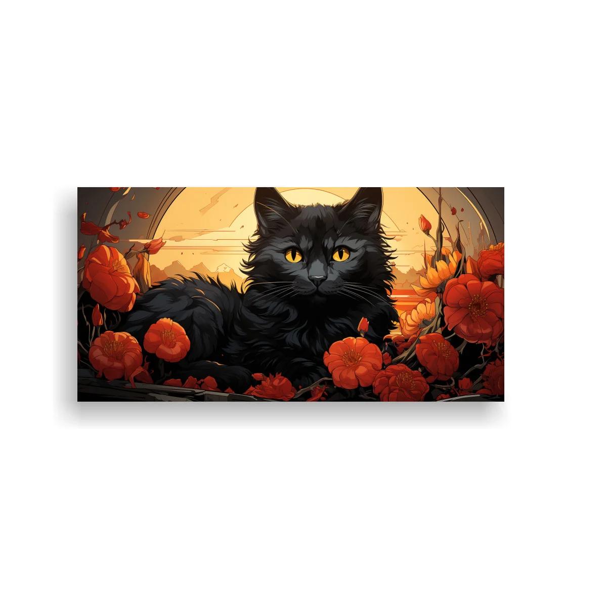Cuadro gato negro entre flores y luna llena