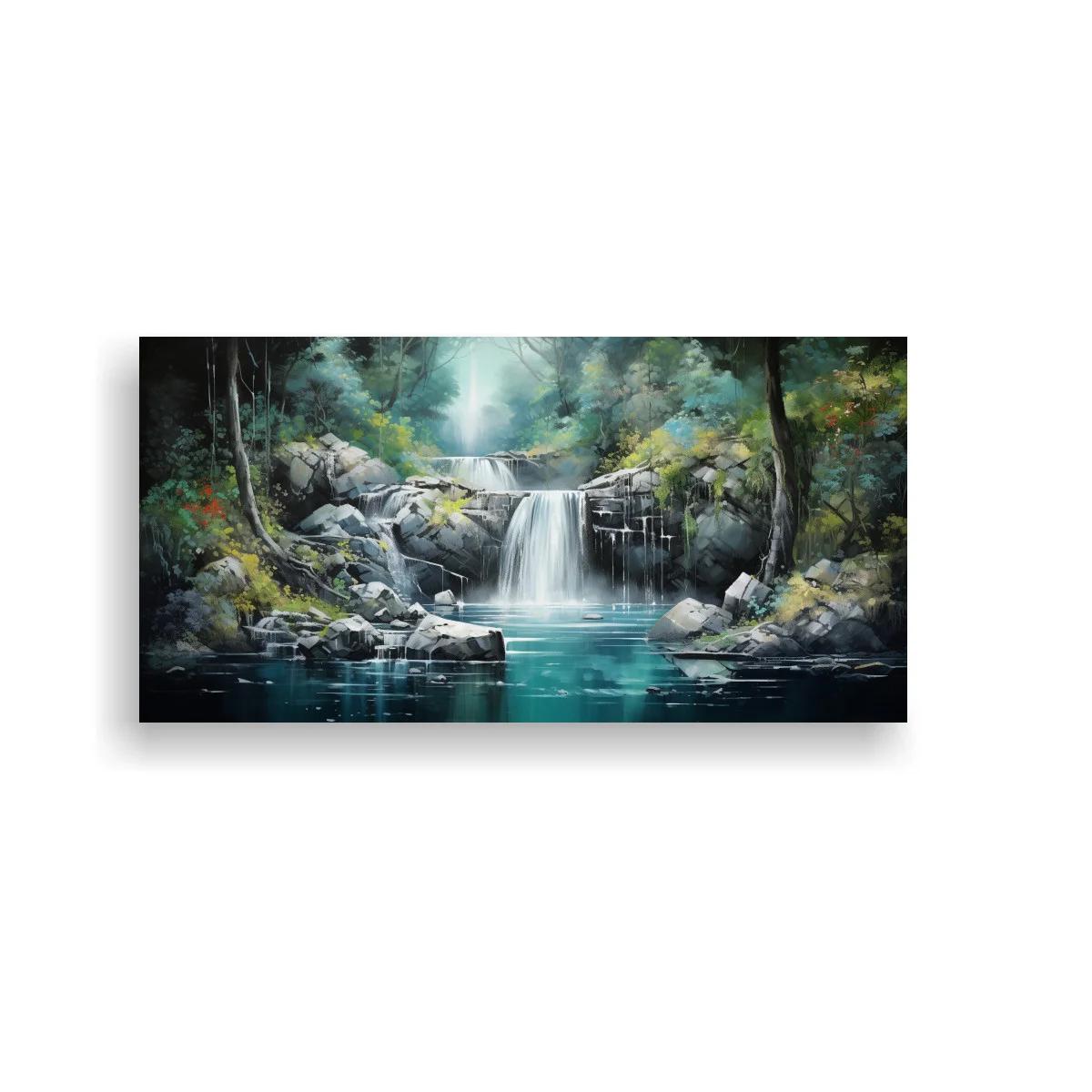Cuadro cascada en bosque con poza turquesa