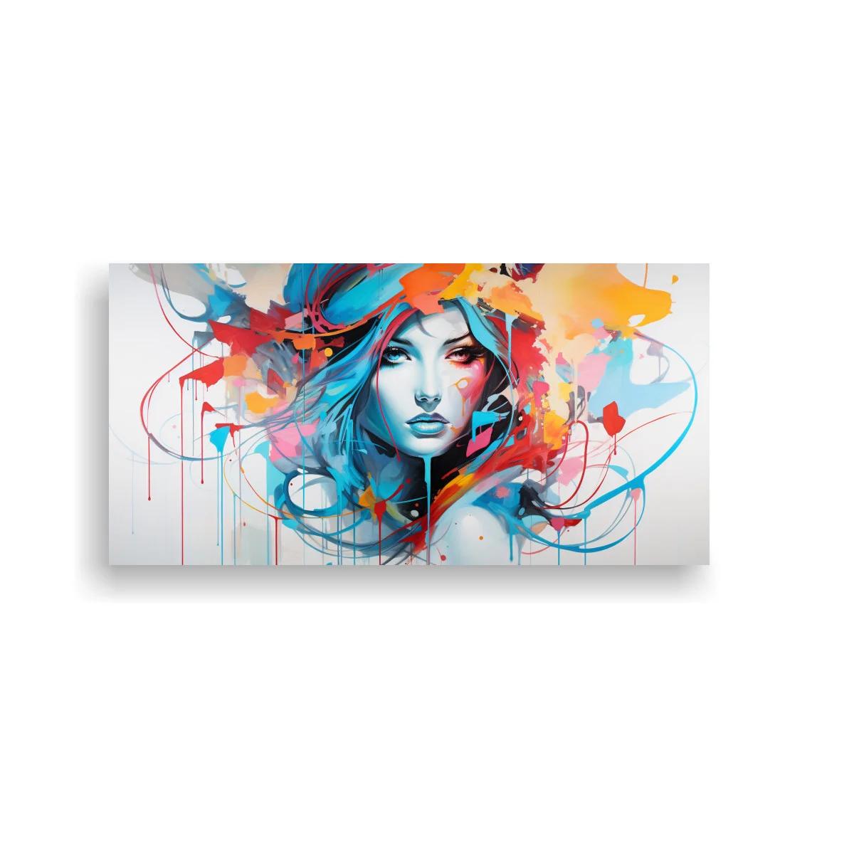 Cuadro rostro de mujer con cabello turquesa y trazos abstractos — imagen principal